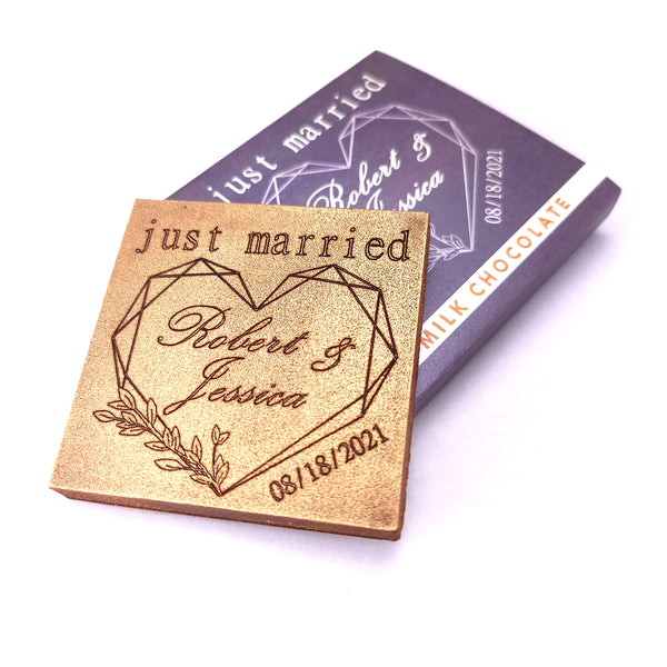 Just Married - 1 oz Chocolate Bar Favor<br><small>minimum order 20 pc.</small>